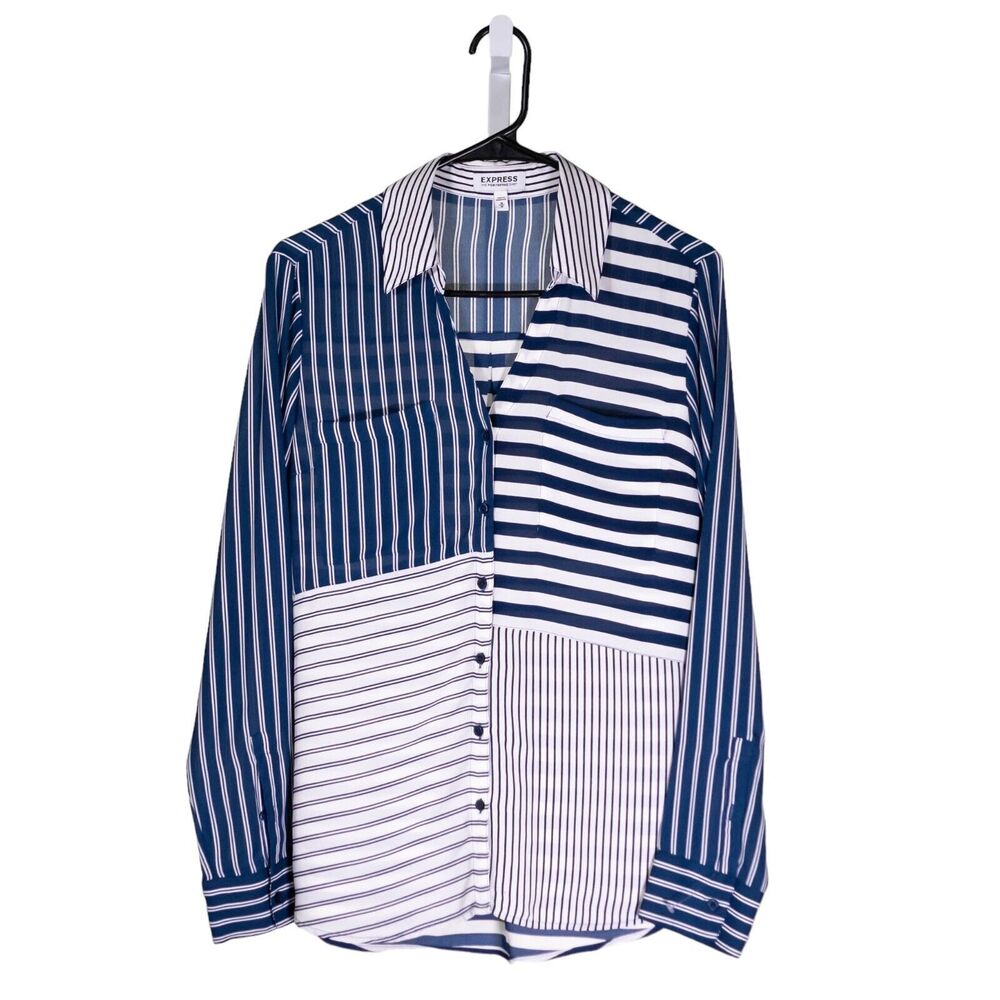Express Women's Shirt Portofino Button Up Blue White Striped Blouse Top Size XS